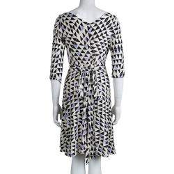 Pre Owned Diane von Furstenberg Geometric Printed Silk Jersey Penna Wrap Dress M