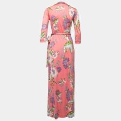 Pre Owned Diane Von Furstenberg Pink Floral Printed Jersey Maxi Wrap Dress S