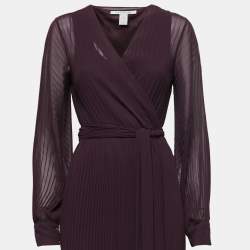 مملوكة مسبقًا Diane Von Furstenberg Deep Purple Pleated Chiffon Wrap Maxi Dress M