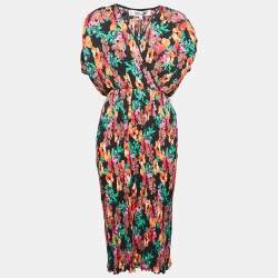 Diane Von Furstenberg Black Floral Watercolor Printed Crepe Pleated Wrap Dress S
