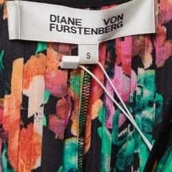 Diane Von Furstenberg Black Floral Watercolor Printed Crepe Pleated Wrap Dress S