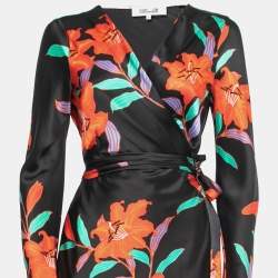 Pre Owned Diane Von Furstenberg Black Floral Printed Silk Satin Wrap Midi Dress M
