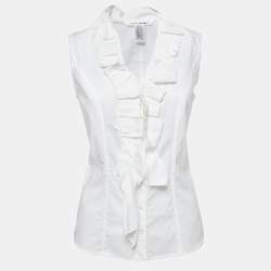 Pre Owned Diane Von Furstenberg White Cotton Ruffle Detailed Sleeveless Top S