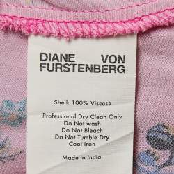 Pre Owned Diane Von Furstenberg Pink Floral All-Over Motif Crepe Ruffle Detail Mini Dress S