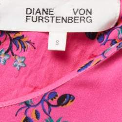 Pre Owned Diane Von Furstenberg Pink Floral All-Over Motif Crepe Ruffle Detail Mini Dress S