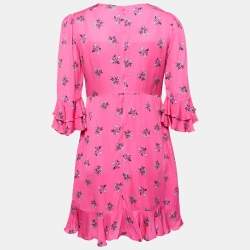 Pre Owned Diane Von Furstenberg Pink Floral All-Over Motif Crepe Ruffle Detail Mini Dress S