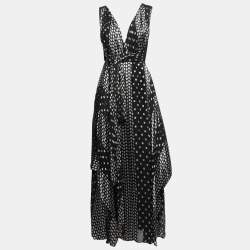 Pre Owned Diane Von Furstenberg Black Polka Dotted Silk Blend Sleeveless V-Neck Draped Maxi Dress XL