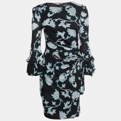 Pre Owned Diane Von Furstenberg Black Printed Mesh Wrap Detail Mini Dress L