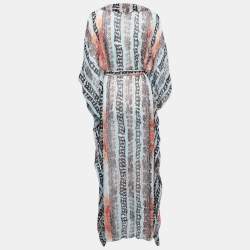 Pre Owned Diane Von Furstenberg Multicolor Printed Silk V-Neck Tie Detail Maxi Kaftan S