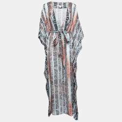 Pre Owned Diane Von Furstenberg Multicolor Printed Silk V-Neck Tie Detail Maxi Kaftan S