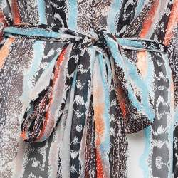 Pre Owned Diane Von Furstenberg Multicolor Printed Silk V-Neck Tie Detail Maxi Kaftan S