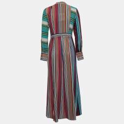 Pre Owned Diane Von Furstenberg Multicolor Striped Silk Button Front Flared Shirt Maxi Dress S
