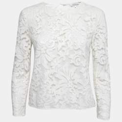 Pre Owned Diane Von Furstenberg White Floral Sequin Embellished Nylon Long Sleeve Top S
