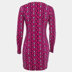 Pre Owned Diane Von Furstenberg Pink/navy Blue Printed Knit Full Sleeve Mini Dress S