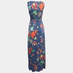 Diane Von Furstenberg Blue Floral Printed Silk Sleeveless Wrap on Maxi Dress S