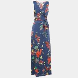 Diane Von Furstenberg Blue Floral Printed Silk Sleeveless Wrap on Maxi Dress S