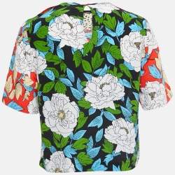 Pre Owned Diane Von Furstenberg Red/Black Floral Printed Silk Short Sleeve Boxy Blouse M