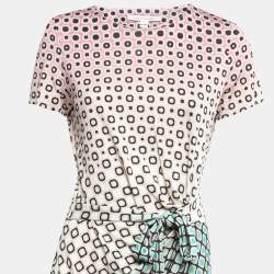 Pre Owned Diane Von Furstenberg Multicolor Printed Knit Draped Tie Detail Short Dress M