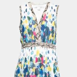 Pre Owned Diane Von Furstenberg Multicolor Printed Silk Chiffon Gathered Sleeveless Maxi Dress M