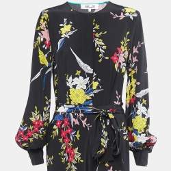 Pre Owned Diane Von Furstenberg Black Floral Print Silk Belted Waist Maxi Dress M