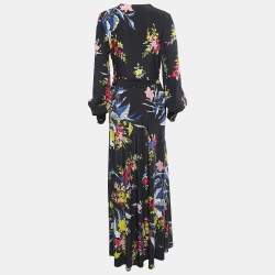 Pre Owned Diane Von Furstenberg Black Floral Print Silk Belted Waist Maxi Dress M