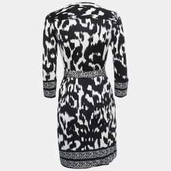 Pre Owned Diane Von Furstenberg Black Printed Silk Knit Tallulah Wrap Mini Dress M