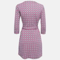 Pre Owned Diane Von Furstenberg Pink Printed Cotton & Silk Mini Wrap Dress M
