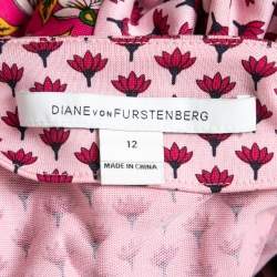 Pre Owned Diane Von Furstenberg Pink Floral Print Silk Wrap On Midi Dress L
