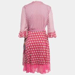 Pre Owned Diane Von Furstenberg Pink Floral Print Silk Wrap On Midi Dress L