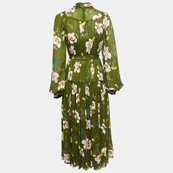 Pre Owned Diane Von Furstenberg Green Floral Print Crepe High Neck Tiered Midi Dress S