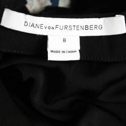 Pre Owned Diane Von Furstenberg Black Jersey Printed Contrast Midi Wrap Dress M