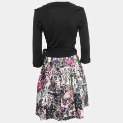 Pre Owned Diane Von Furstenberg Black Jersey Printed Contrast Midi Wrap Dress M