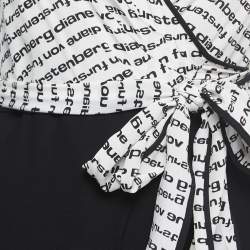 Diane Von Furstenberg Black/White Logo Print Crepe & Silk Wide Leg Back Tie Detail Strappy Jumpsuit XXS
