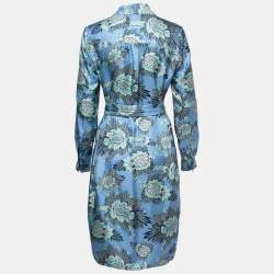 Pre Owned Diane Von Furstenberg Blue Printed Silk Belted Shirt Dress M