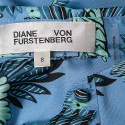 Pre Owned Diane Von Furstenberg Blue Printed Silk Belted Shirt Dress M