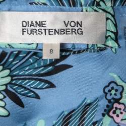 Pre Owned Diane Von Furstenberg Blue Printed Silk Belted Shirt Dress M