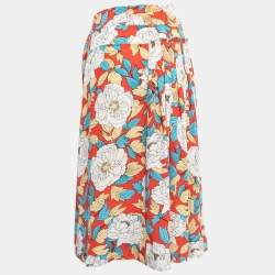 Pre Owned Diane Von Furstenberg Red Floral Printed Silk Wrap Midi Skirt S