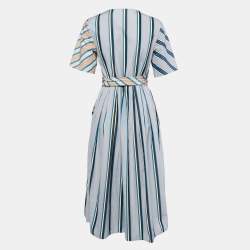 Pre Owned Diane Von Furstenberg Grey/Peach Striped Cotton Wrap Midi Dress S