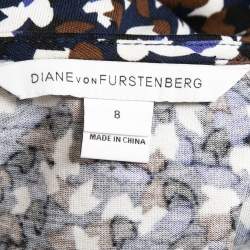 Pre Owned Diane Von Furstenberg Navy Blue Printed Cotton & Silk Sigourney Wrap Dress M