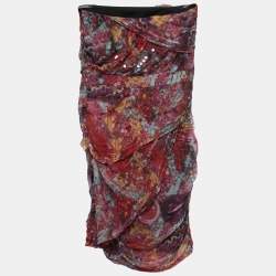 Pre Owned Diane Von Furstenberg Red Printed Silk Embellished Garvin Strapless Mini Dress S