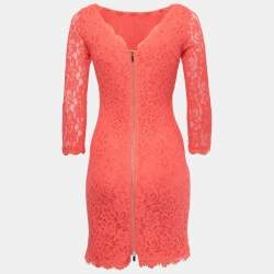 Pre Owned Diane Von Furstenberg Coral Pink Lace Long Sleeve Mini Dress S