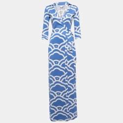 Diane Von Furstenberg Blue Patterned Silk Knit Long Sleeve Wrap Maxi Dress XS