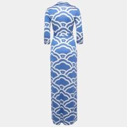 Diane Von Furstenberg Blue Patterned Silk Knit Long Sleeve Wrap Maxi Dress XS