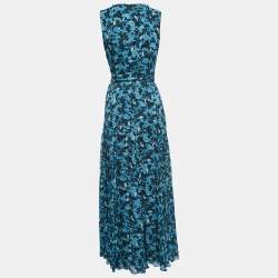 Pre Owned Diane Von Furstenberg Blue Floral Print Chiffon Sleeveless Wrap Maxi Dress XS
