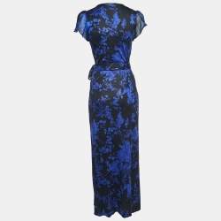 Pre Owned Diane Von Furstenberg Blue Floral Print Silk Knit Wrap Maxi Dress S