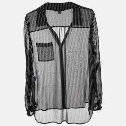 Pre Owned Diane Von Furstenberg Black Striped Silk Sheer Shirt L