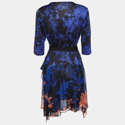 Pre Owned Diane von Furstenberg Black & Navy Blue Floral Printed Knit & Chiffon Riviera Wrap Dress M