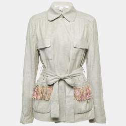 Diane Von Furstenberg Grey Linen Blend Open Front Belted Coat XL