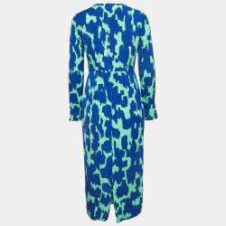 Pre Owned Diane von Furstenberg Blue/Green Print Crepe Midi Dress S