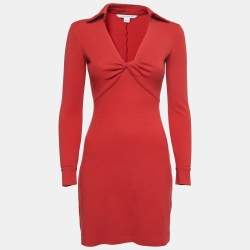 Pre Owned Diane Von Furstenberg Red Wool Knot Detail Mini Dress XS